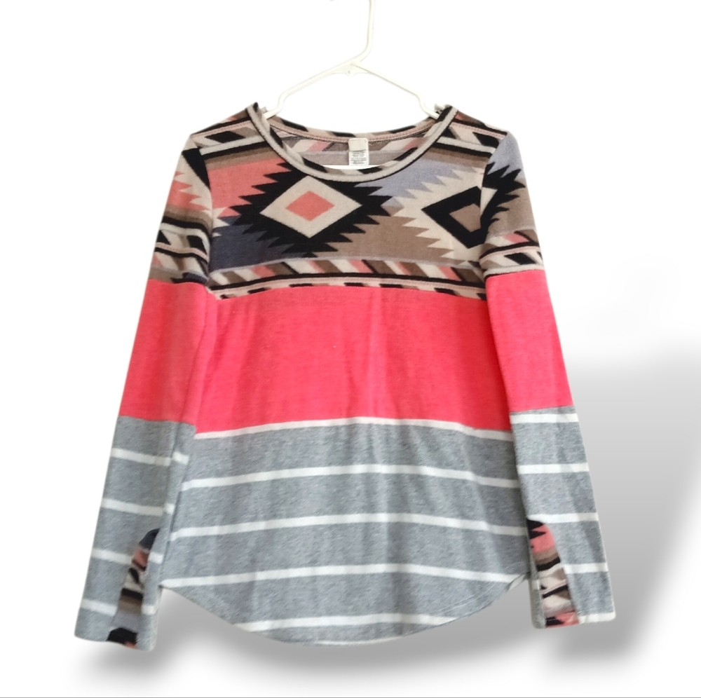 7th Ray Pink Tribal Knit Crew Neck Sweater Lightweight Soft Dopamine Western SM